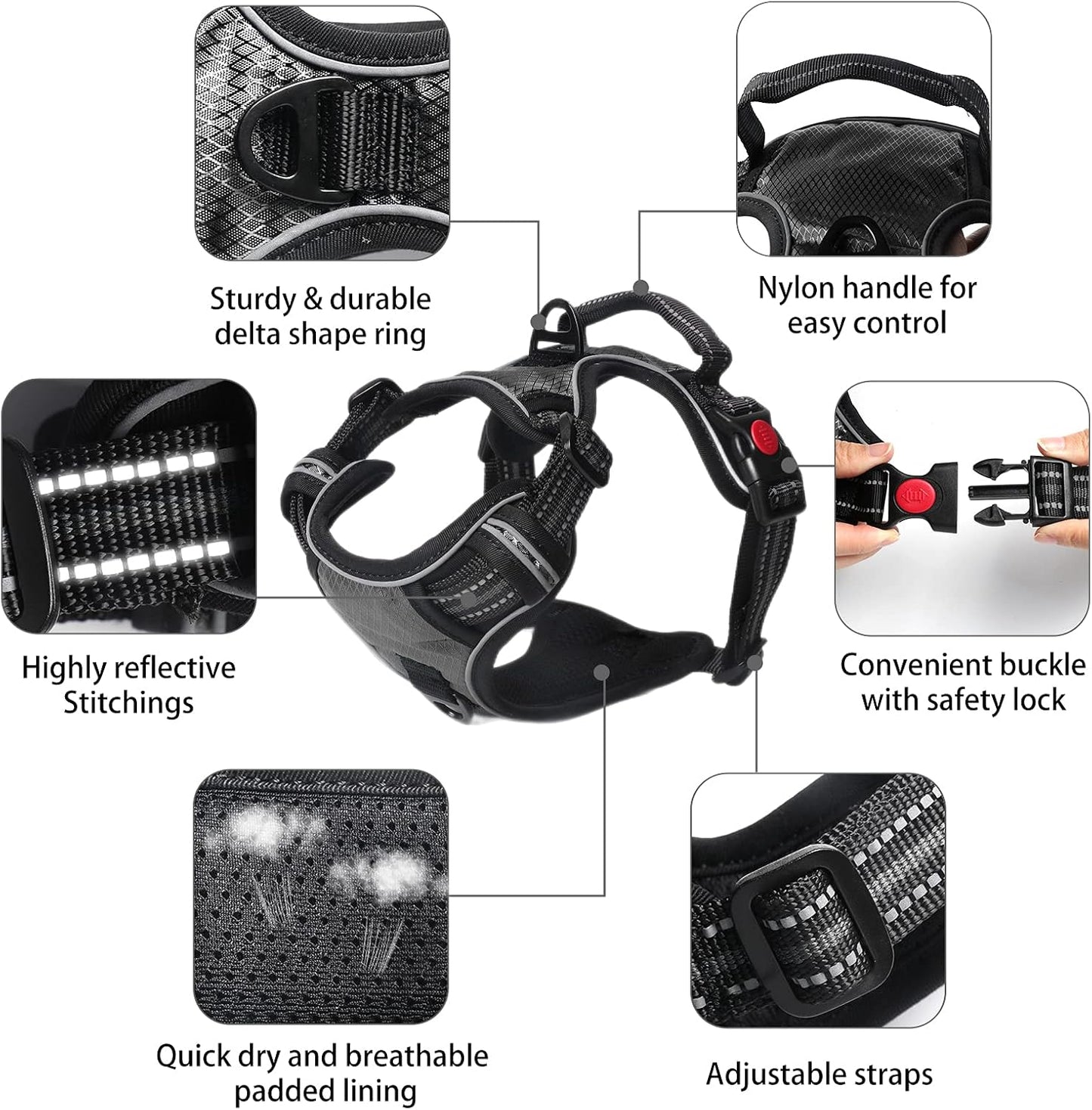 Adjustable No-Pull Dog Harness and Leash Set, Soft Padded Oxford Vest for Medium to Large Dogs, Reflective Design with Control Handle, Black