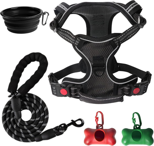Adjustable No-Pull Dog Harness and Leash Set, Soft Padded Oxford Vest for Medium to Large Dogs, Reflective Design with Control Handle, Black